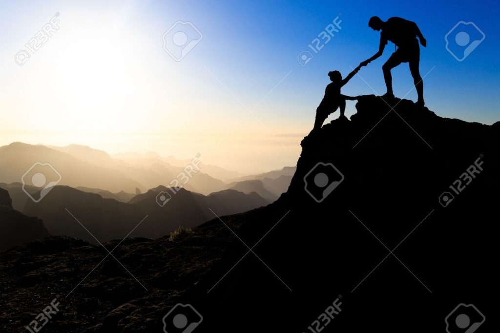 illustration of a man pulling a woman up a mountain